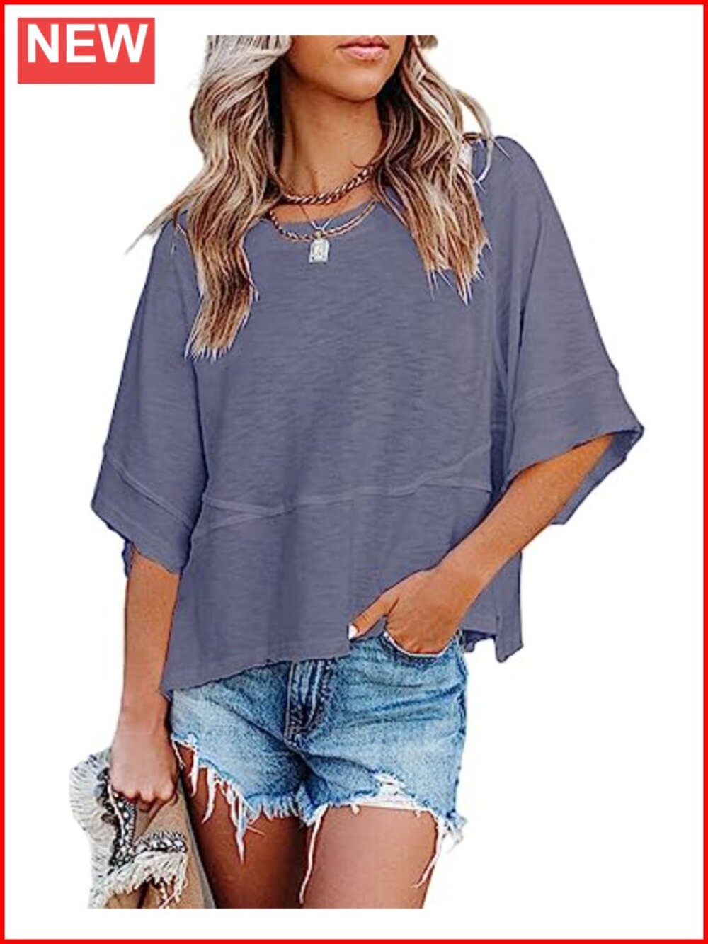 Womens Loose Fit 3/4 Sleeve Crewneck Summer T-Shirt Casual Tunic Top